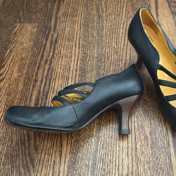 Jeffrey Campbell Ibiza black leather button strap wood grain heel Mary Jane shoe - Picture 2 of 6